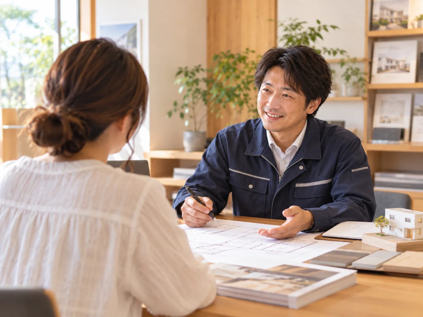 後ろ姿の相談者と向き合い、穏やかな表情で話を聞く制服姿の男性を描いた設計相談のイメージ