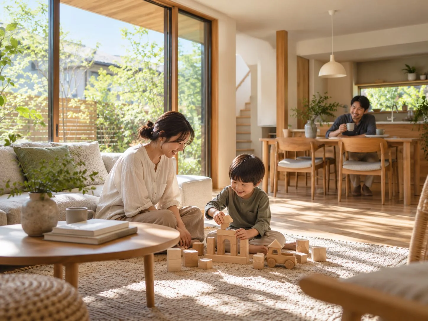 家族が過ごす新築の明るいリビング