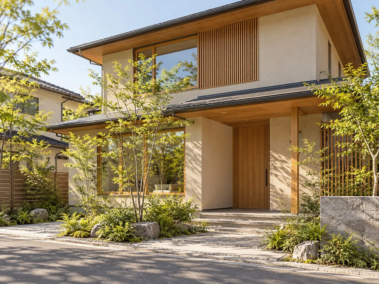 木と漆喰の外観に植栽を添えた住まいのAIイメージ